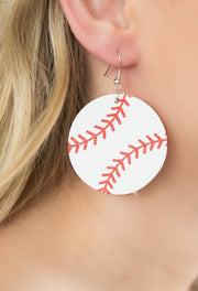 Baseball Vegan Leather Round Dangle Earrings