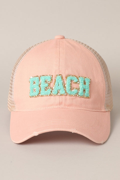 BEACH Chenille Letter Patch Baseball Cap- Dusty Pink