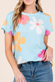 Floral Crew Neck Short Sleeve Top- Blue