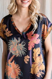 Floral Print Satin Top- Black Mix