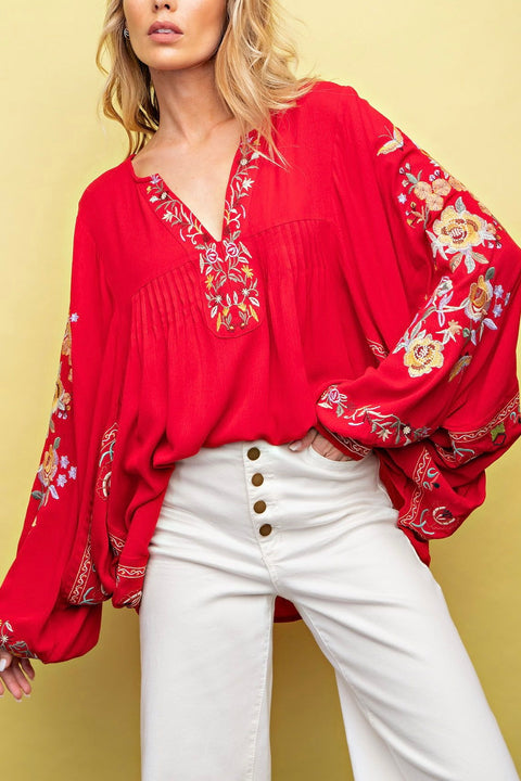 Floral Embroidered Dolman Sleeves Top- Scarlet Red