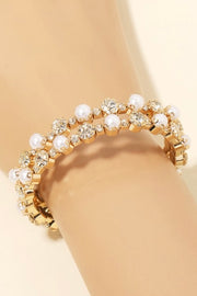 Pearl & Rhinestone Studded Cuff Bracelet- Gold