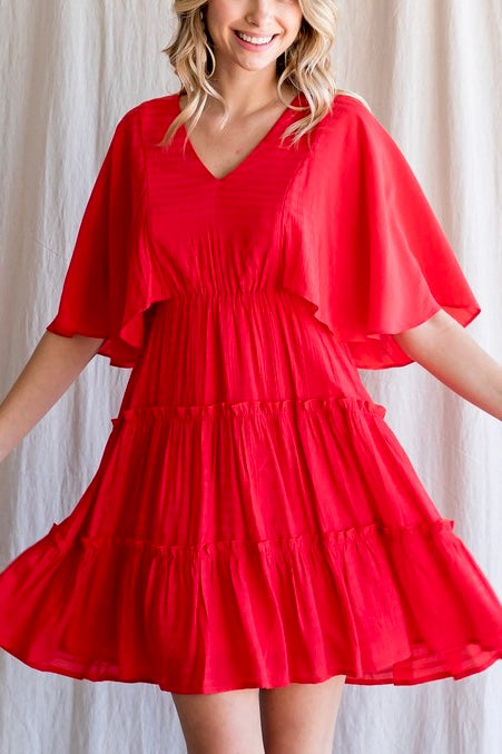 Ripple Short Bell Sleeves Tiered Dress- Tomato Red