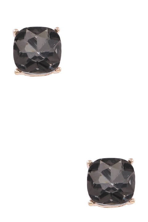Faceted Glass Square Jewel Statement Stud Earrings- Black Diamond