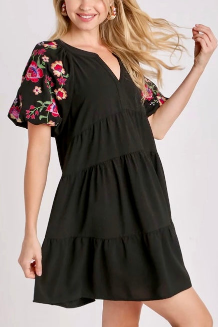 Embroidered Short Sleeve Tiered A-Line Dress- Black