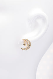 Pave Rhinestone Moon & Hanging Star Stud Earrings- Silver