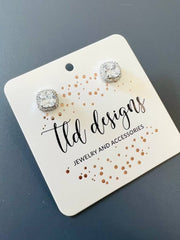 TLD Designs Square Clear Rhinestone Stud Earrings- Silver