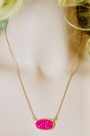 Large Hot Pink Gold Short Druzy Oval Pendant Necklace & Stud Earrings Set