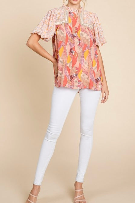 Mixed Floral Print Embroidered Puff Sleeves Top- Mauve Mix