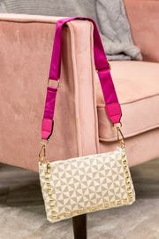 Cream Pinwheel Stud Crossbody with Pink Strap