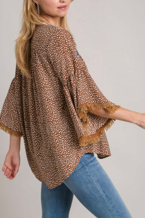 Angela Embroidered Bell Sleeve Top- Camel