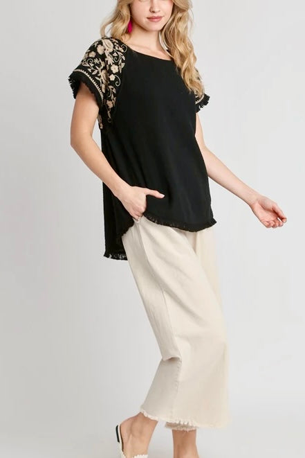 Cotton Gauze Round Neck Top with Embroidered Short Sleeves- Black