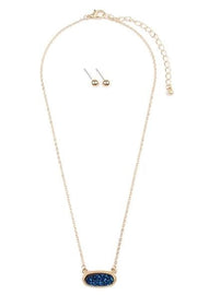 Hot Pink Gold Short Druzy Oval Pendant Necklace & Stud Earrings Set