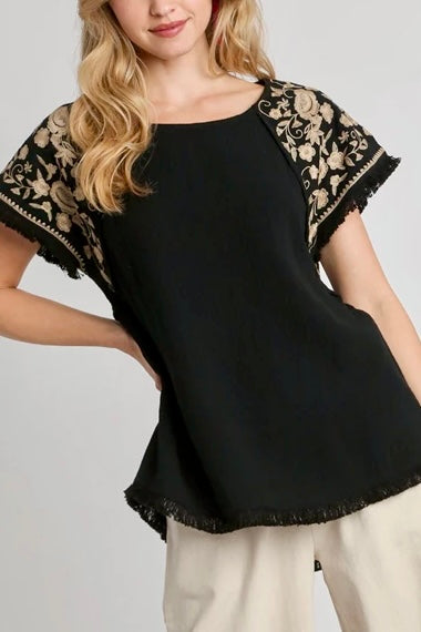 Cotton Gauze Round Neck Top with Embroidered Short Sleeves- Black