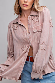 Mineral Washed Star Patch Button Down Shirt- Mauve