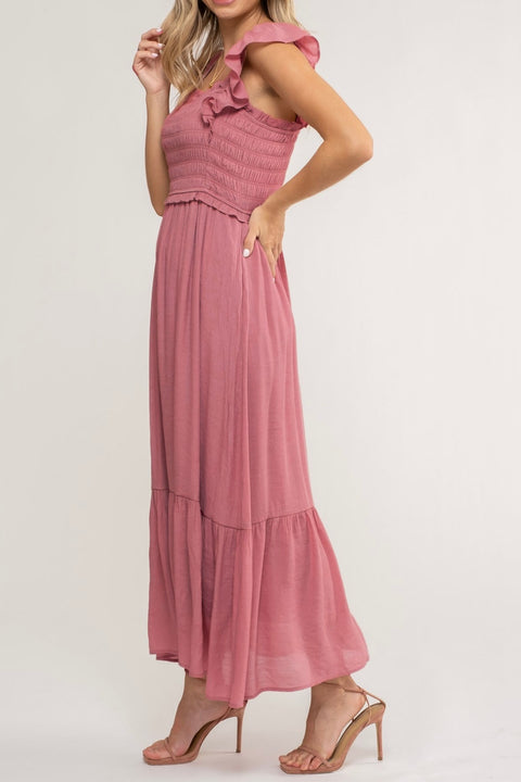 Smocked Ruffle Sleeve Midi Dress- Pink