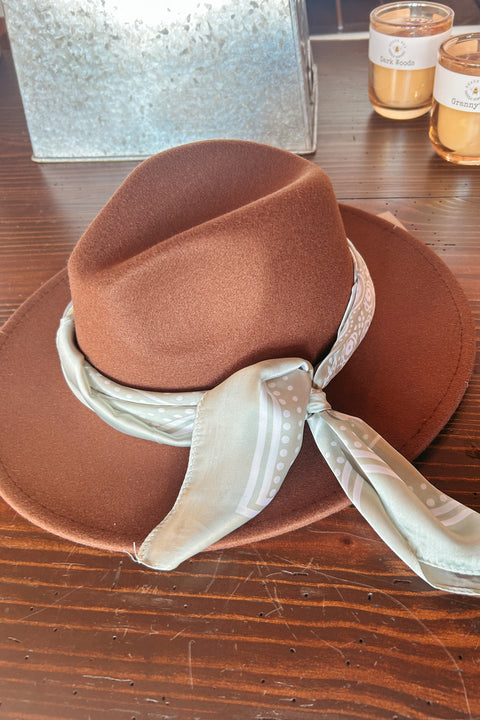 Brown Wide Brim Hat with Scarf