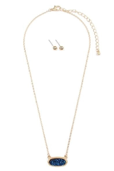 Royal Blue Gold Short Druzy Oval Pendant Necklace & Stud Earrings Set