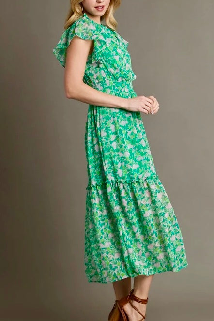 Metallic Floral Print Maxi Dress- Emerald