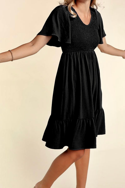 Fit & Flare Smocked Solid Dress with Side Pockets- Black