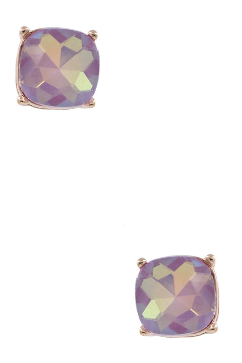 Faceted Glass Square Jewel Statement Stud Earrings- Lavender