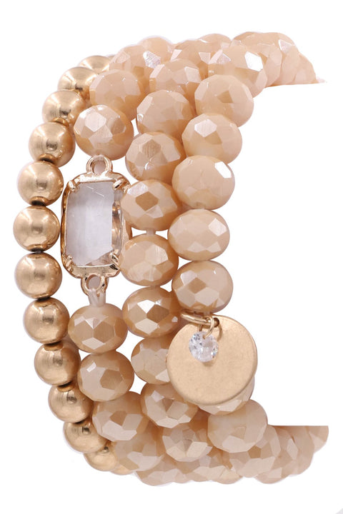 Danica Assorted Glass Bead Coin & Crystal Charm Bracelet Set- Nude