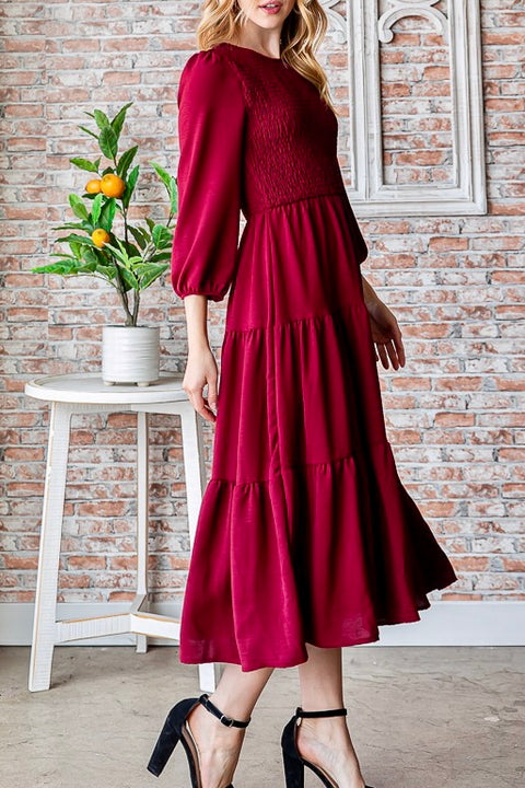 Smocked Tiered Long Sleeve Midi Dress- Burgundy