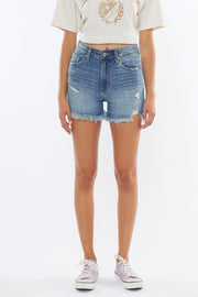 KanCan High Rise Frayed Distressed Shorts- Medium Wash