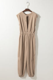 Cap Sleeve Jogger Jumpsuit with Pockets- French Beige