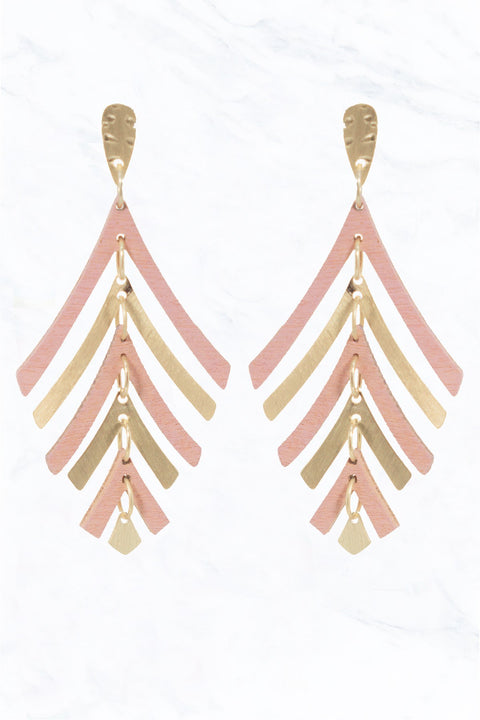 Colorful Wood & Metal Dangle Drop Boho Earrings- Pink