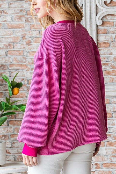 Ribbed Long Puff Sleeves Top- Magenta