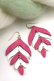 Tropical Wood & Metal Mix Leaf Dangle Earrings- Pink