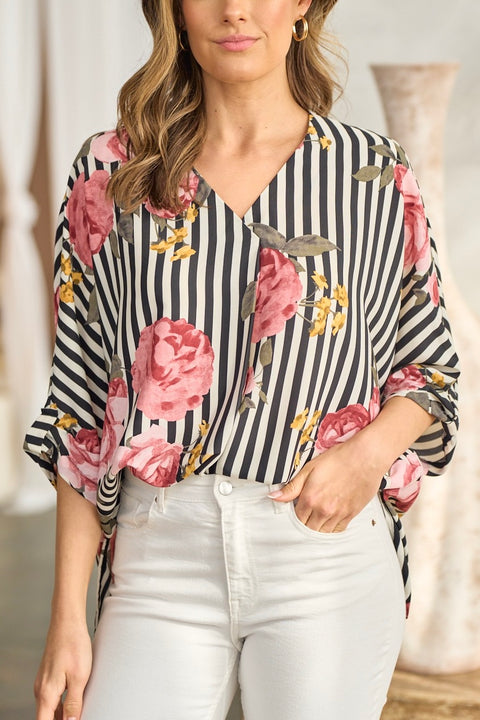 Black & White Striped Floral Print Top