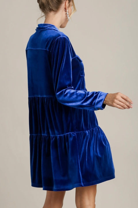 Emiliana Velvet Button Down Dress- Royal Blue