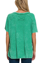 Mineral Washed Ribbed Exposed Seam Short Sleeve Top with Back Patch- Kelly Green