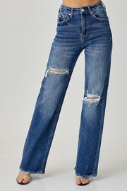 Risen High Rise Wide Leg Distressed Jeans- Dark Wash