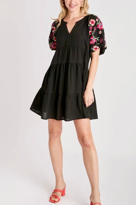 Embroidered Short Sleeve Tiered A-Line Dress- Black