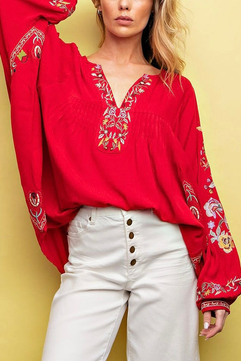 Floral Embroidered Dolman Sleeves Top- Scarlet Red