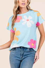 Floral Crew Neck Short Sleeve Top- Blue