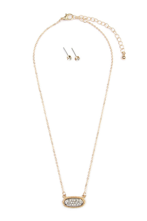 Short Length Druzy Rhinestone Oval Pendant Necklace & Stud Earring Set- Gold Clear Stone