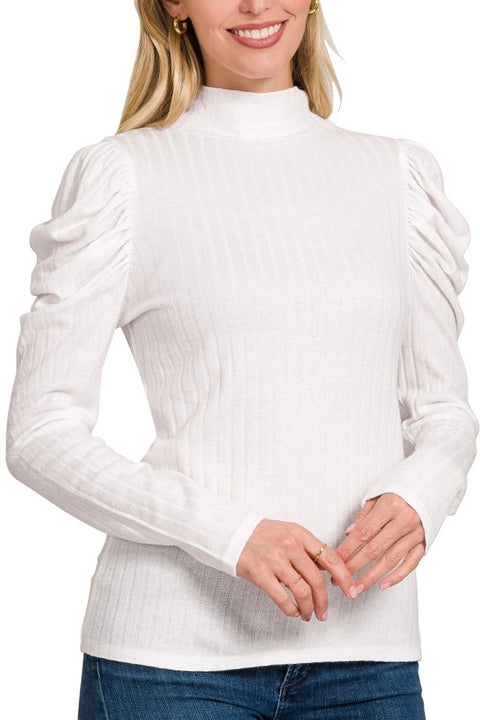 Ribbed Puff Long Sleeve Mock Neck Top- Off White