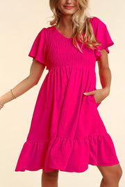 Fit & Flare Smocked Solid Dress with Side Pockets- Hot Pink