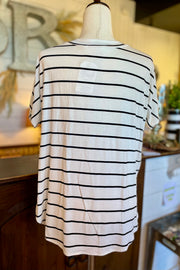 Short Sleeve Striped Loose Fit V-Neck Top- Ivory