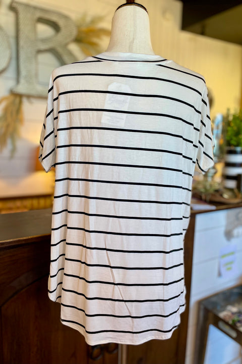 Short Sleeve Striped Loose Fit V-Neck Top- Ivory