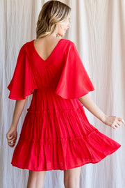 Ripple Short Bell Sleeves Tiered Dress- Tomato Red