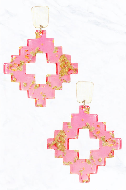 Colorful Metallic Flake Acrylic Dangle Drop Aztec Earrings- Gold/Pink