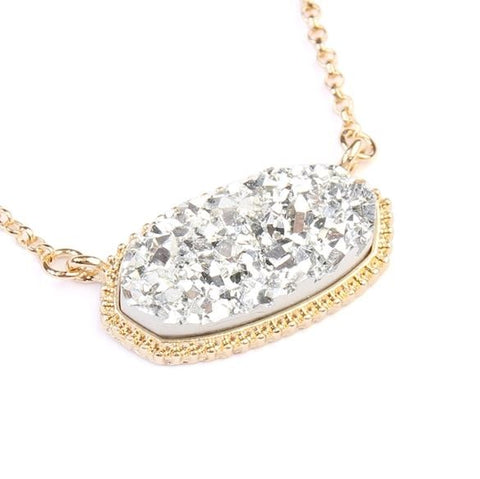 Large Gold Silver Short Druzy Oval Pendant Necklace & Stud Earrings Set