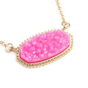 Large Hot Pink Gold Short Druzy Oval Pendant Necklace & Stud Earrings Set
