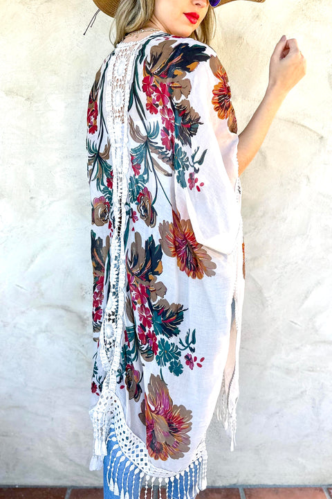 Floral Printed Lace Detail Kimono- White/Burgundy/Brown