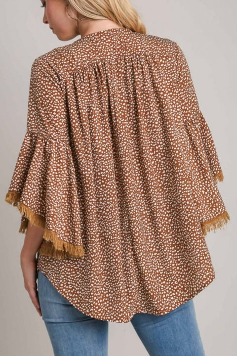 Angela Embroidered Bell Sleeve Top- Camel